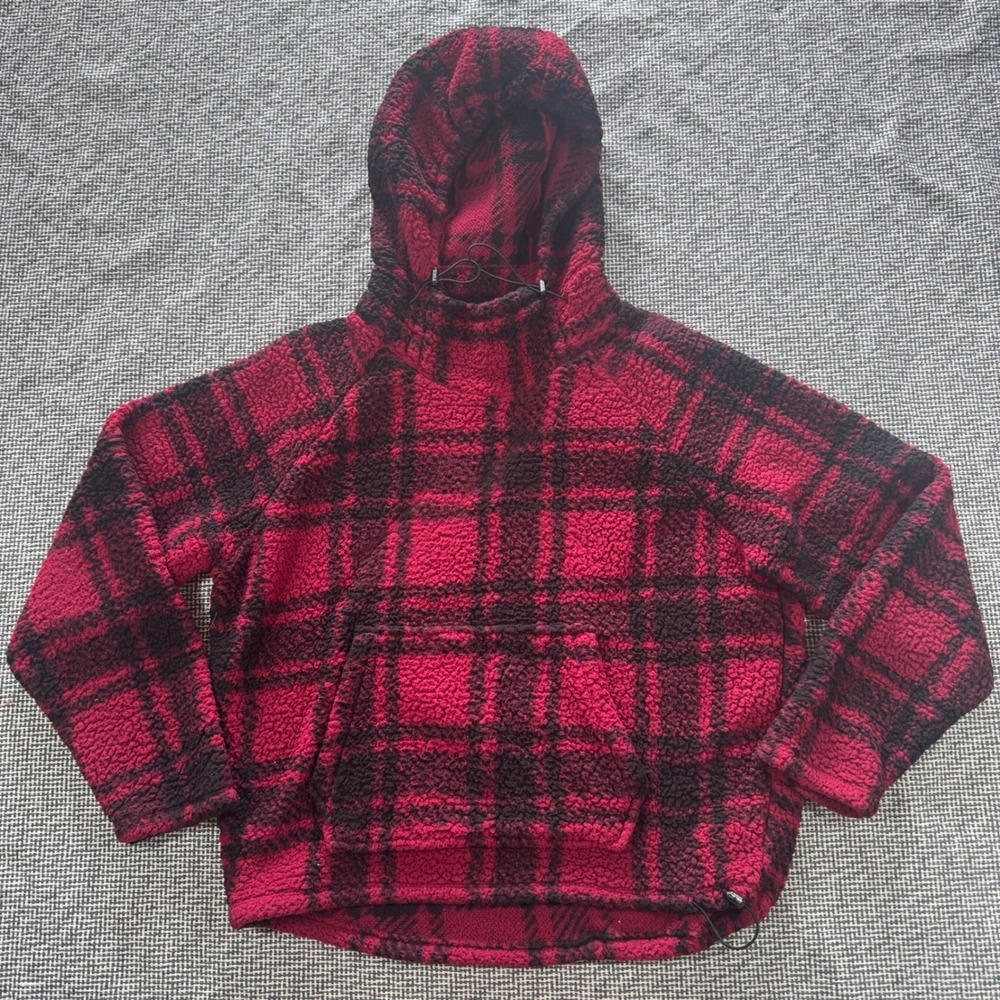 PINK Victoria's Secret Red Black Plaid Sherpa Fleece Hoodie Womens Medium